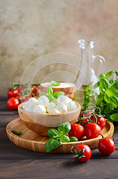 Italian food ingredients Ã¢â¬â mozzarella, tomatoes, basil and olive oil on rustic wooden table.